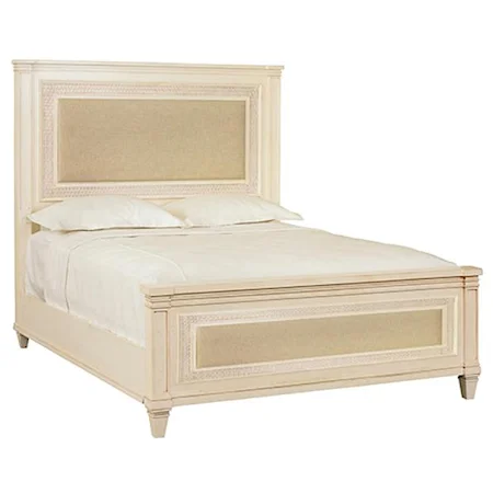 Queen Size Upholstered Bed with Burlap-Like Upholstery and Cottage Style